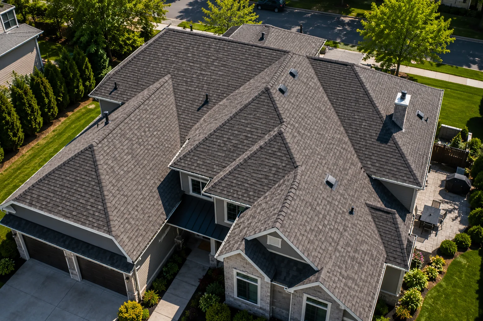 Detailed aerial view of a residential roof